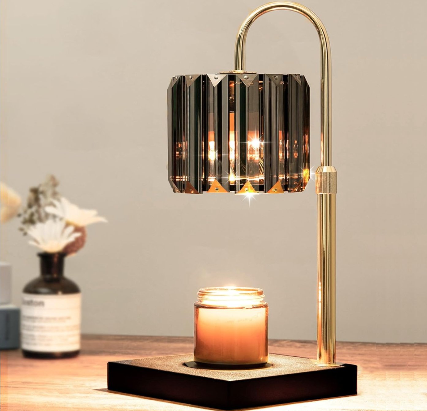 Glam Candle Warmer in Gold/Black with Crystal Shade - HER Home Design Boutique